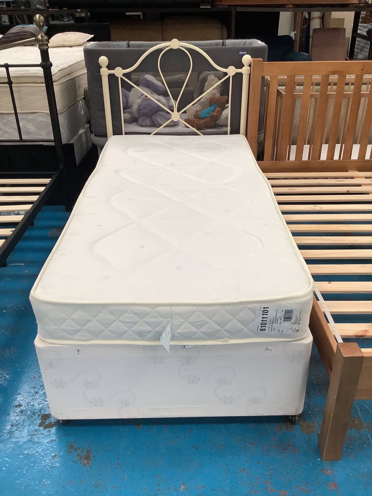 Single bed base, mattress and headboard