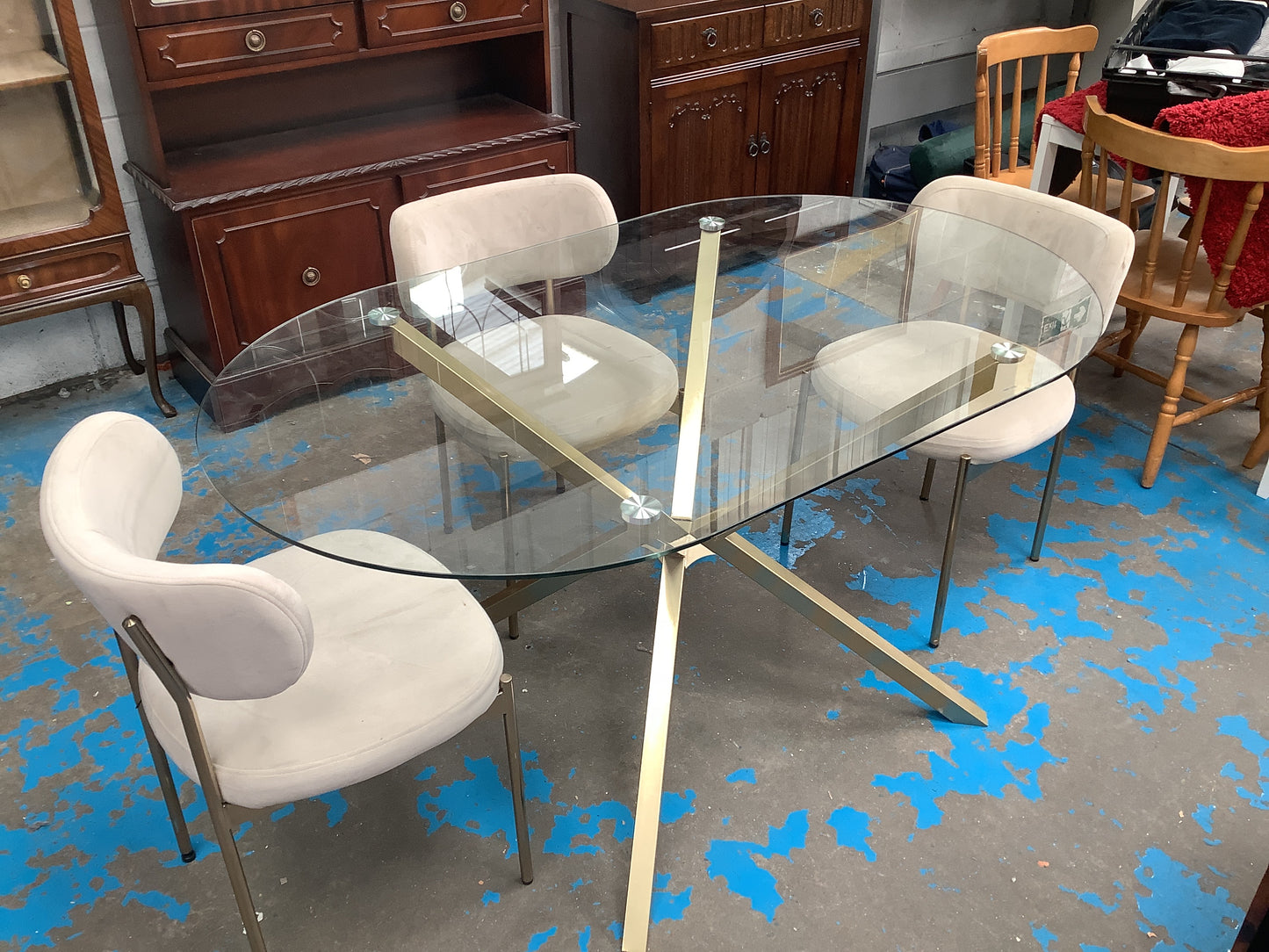 Glass dining table and 3 velvet chairs