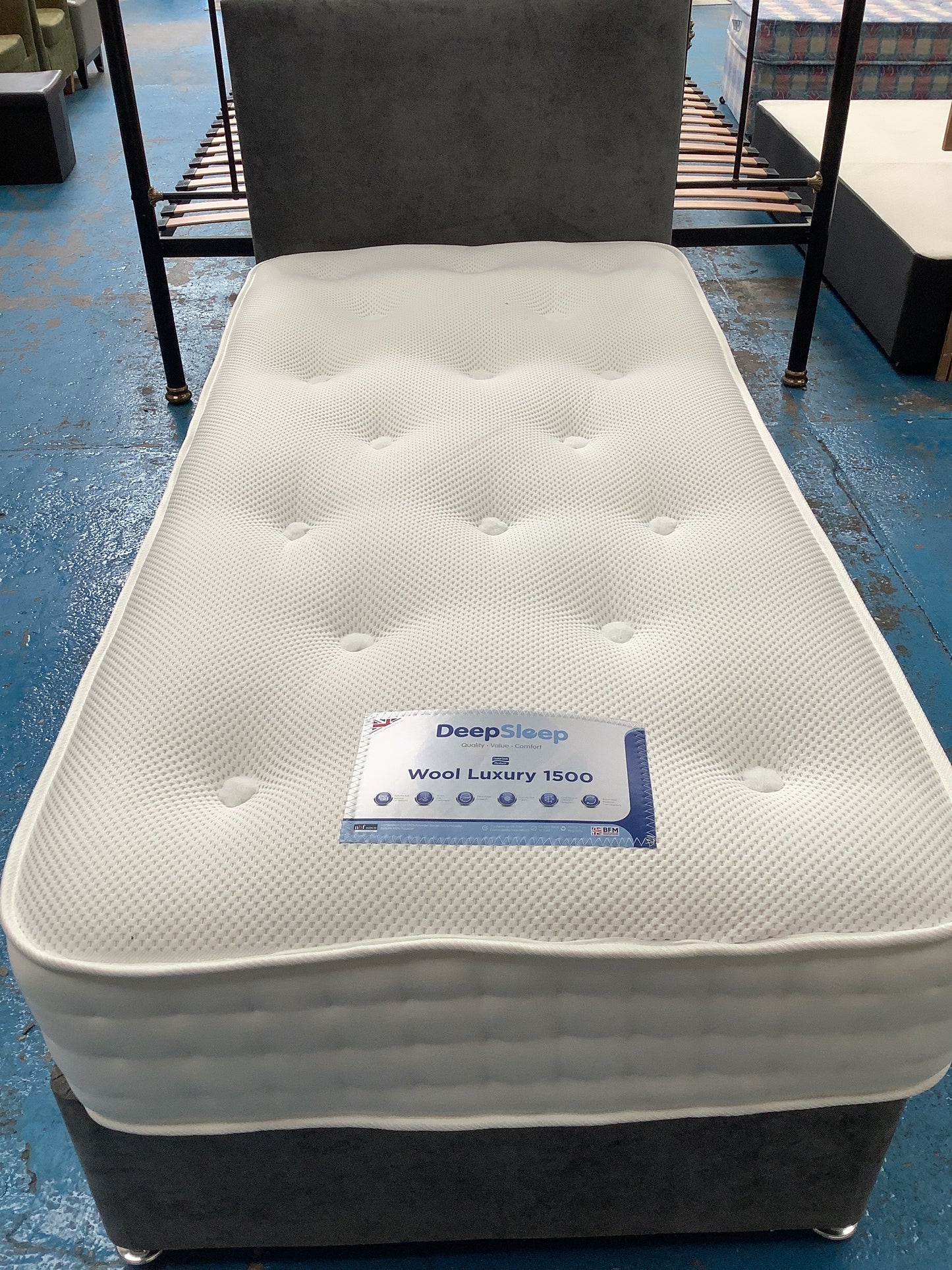Single base, mattress and headboard