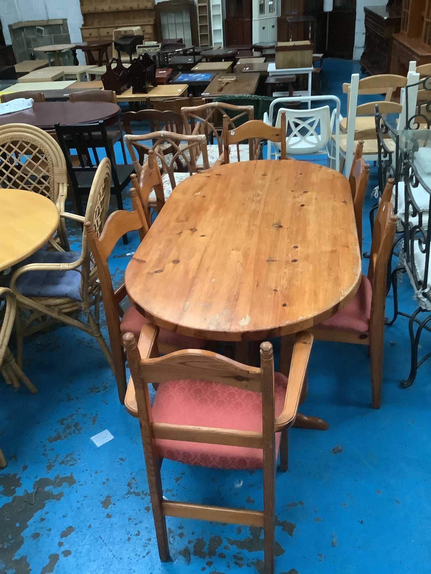 Pine dining table and 6 chairs.