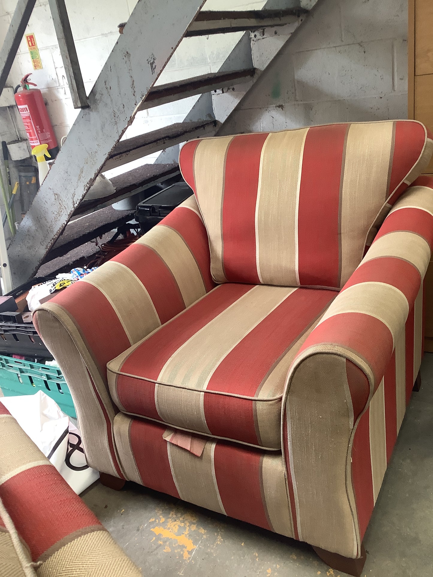 Red and cream 3 seater and armchair