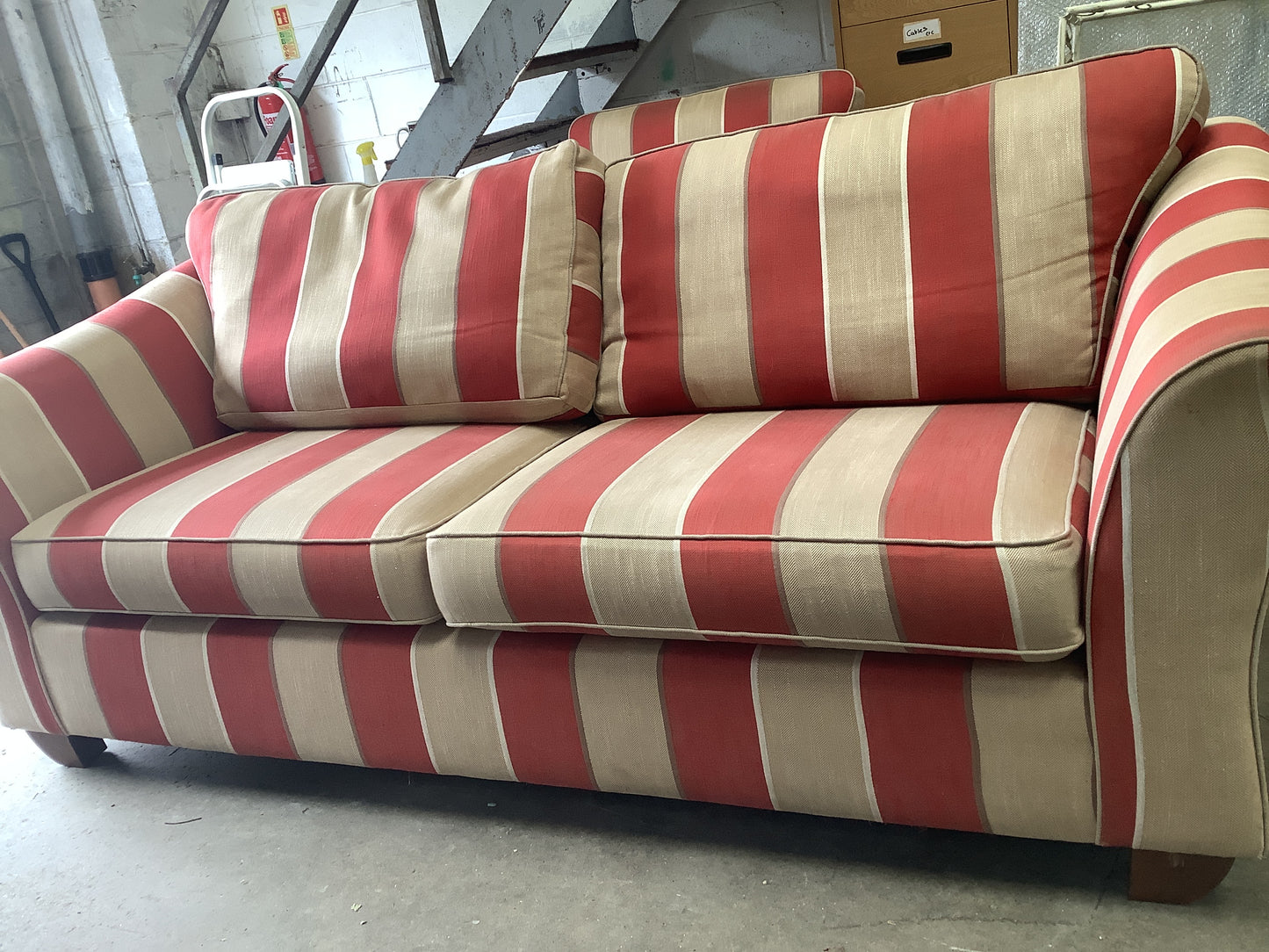 Red and cream 3 seater and armchair