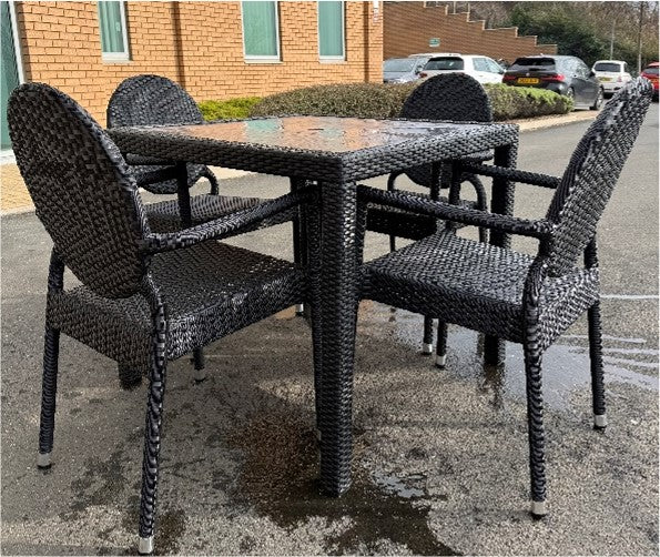Molby 90cm Square Grey Polyresin Topped Table with 4 round Rattan Effect Polypropylene Side Chair Set